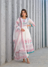 Mul Cotton Anarkali - Ivory and Rose Pink