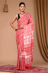 Coral Charm – Pink & White Modal Silk Dabu Handblock Saree