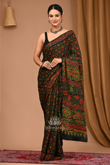 Desert Bloom – Deep Green Modal Silk Ajrak Handblock Saree