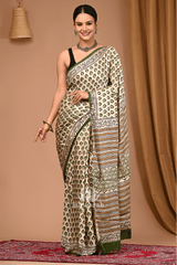 Earth Grace – Green & Beige Modal Silk Bagru Handblock Saree