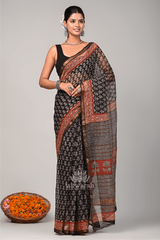 Kaalika – Black & Rust Kota Doria Bagru Handblock Saree