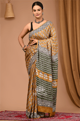 Lotus Dust – Mustard & Green Modal Silk Bagru Handblock Saree