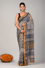 Meghrang – Blue & Mustard Kota Doria Bagru Handblock Saree