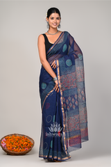 Meher – Indigo Blue Kota Doria Saree with Ajrak & Polka Accents