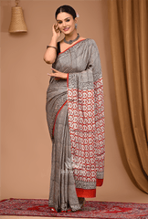 Monochrome Grace – Black & White Modal Silk Bagru Handblock Saree