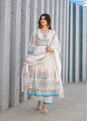 Mul Cotton Anarkali - Ivory and Aqua Blue