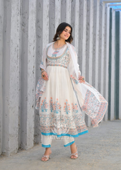 Mul Cotton Anarkali - Ivory and Aqua Blue