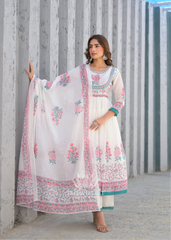 Mul Cotton Anarkali - Ivory and Rose Pink
