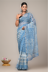 Neel Pushpam – Sky Blue & Ivory Dabu Printed Kota Doria Saree