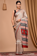 Raag Malhar – Ivory & Red Modal Silk Bagru Handblock Saree