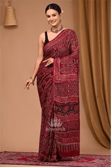 Rust Reverie – Maroon Modal Silk Ajrak Handblock Saree
