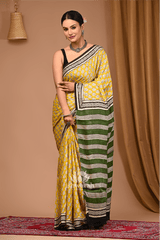 Sun Meadow – Yellow &amp; Green Modal Silk Bagru Handblock Saree