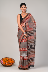 Taru – Rust Red & Black Kota Doria Handblock Saree