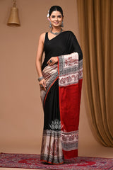 Bhavini  Black & Red Bagru Print Modal Silk Saree
