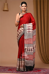 Rangini  Red & Beige Bagru Print  Modal Silk Saree