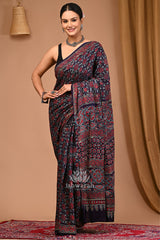 Indigo Whispers – Deep Blue Modal Silk Ajrak Handblock Saree